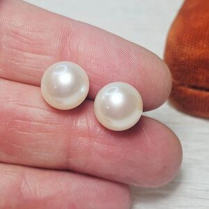 Solid 14k Yellow Gold Earrings Large 10mm Pearl Studs w Clear Rubber Backs